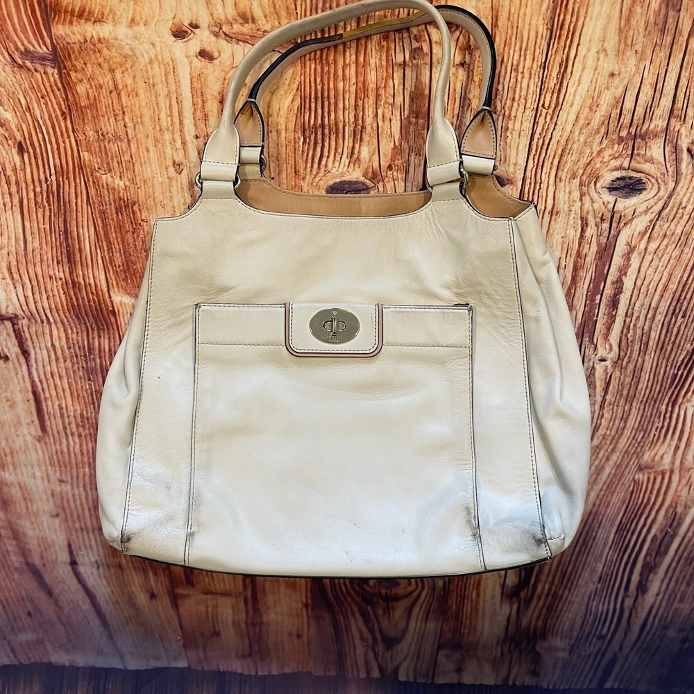 Kate Spade New York Cream Leather Turnlock Tote Bag WhiteIvory Shoulder